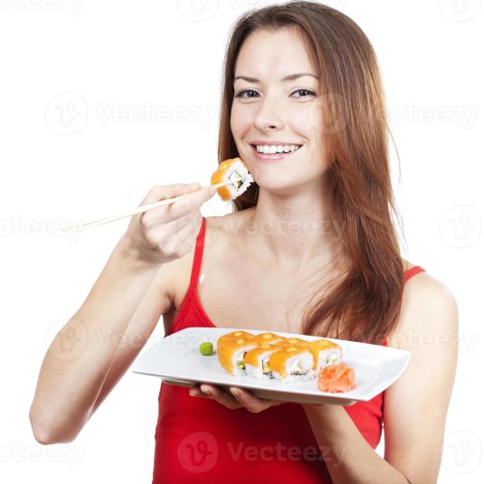 Девушка ест роллы
