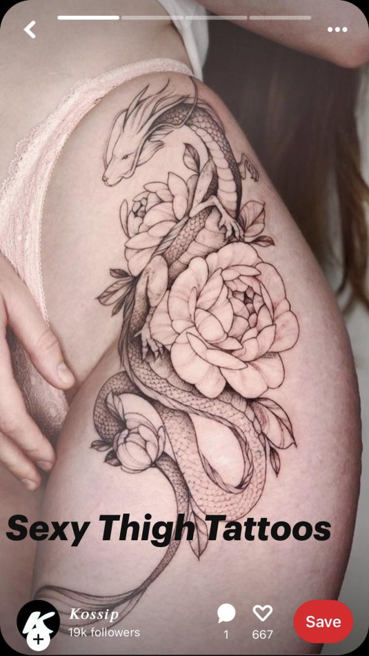 Тату дракона на бедре у девушки