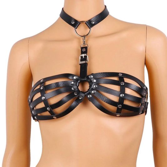 Womens punk gothic faux leather body chest harness cage bra