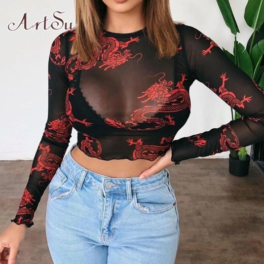 Женская прозрачная футболка с длинным рукавом