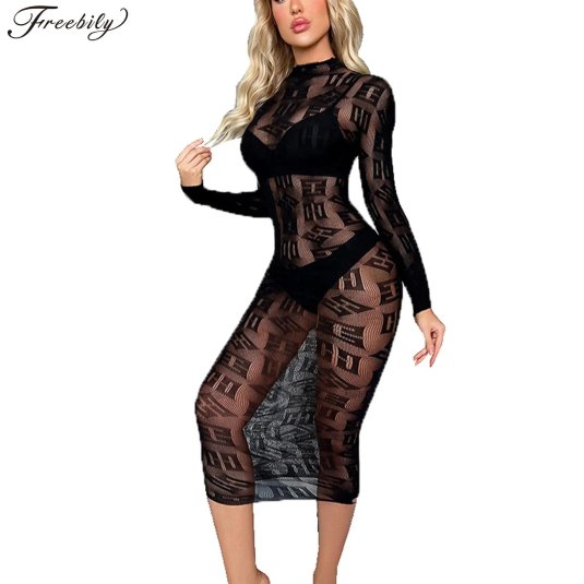 Прозрачное платье с длинным рукавом